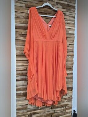 Halston Heritage Coral-Orange Pleated V-Neck High-Low Dress